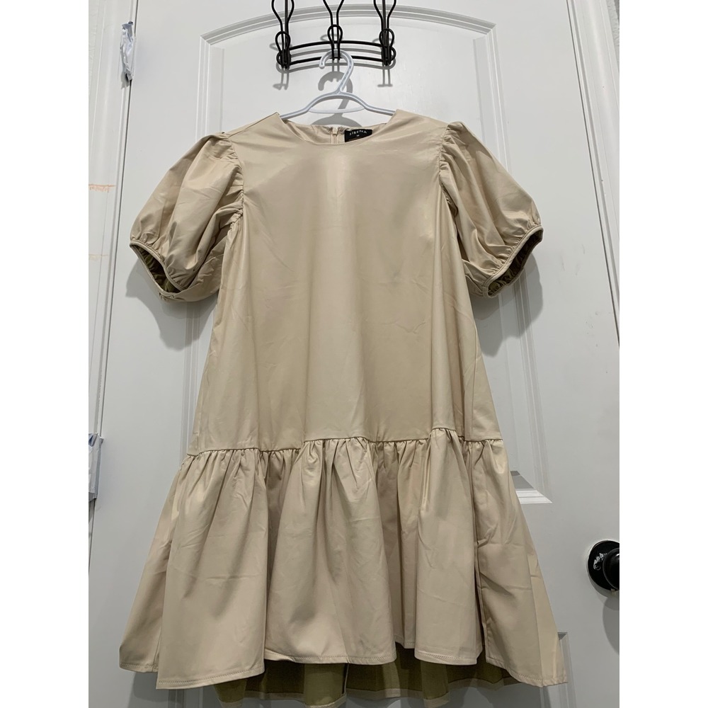 NWT Sirena Tan Beige Puff Sleeve Ruffle Hem Mini Babydoll Dress Women Size S